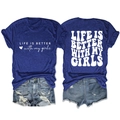 Front and back detail of royal blue t-shirt with LIFE IS BETTER with my girls text - Vintage Blue (White Font)