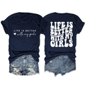Flat lay of navy t-shirt with Life Is Better script and frayed denim shorts - Navy Blue (White Font)