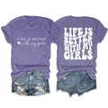 Flat lay of purple cotton T-shirt and distressed denim shorts showing front and back views - Purple (White Font)