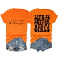 Flat lay of orange slogan t-shirt with ripped denim shorts in American casual style - Orange (Black Font)
