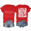 Flat lay of red cotton T-shirt with 'LIFE IS BETTER' print and distressed denim shorts - Red (White Font)