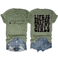 Detailed flat lay of olive green graphic t-shirt and distressed denim shorts outfit set - Olive Green (Black Font)