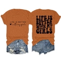 Front and back detail of orange Life Is Better With My Girls T-shirt and denim shorts - Burnt Orange (Black Font)