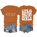 Detailed front and back view of orange cotton t-shirt with Life Is Better typography - Burnt Orange (White Font)