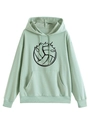 Detail of mint green Game Day hoodie showing volleyball print and kangaroo pocket - Light Green