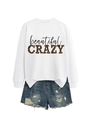 Detail of white sweatshirt with leopard print text and distressed denim shorts set - White (Black Letters)
