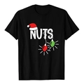 Close-up of black cotton T-shirt featuring white NUTS text and festive Christmas hat print - S / Black