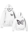 Detail of white butterfly floral print hoodie with kangaroo pocket and drawstring - S / White