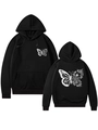 Front and back view of black hoodie featuring white butterfly and flower graphics - S / Black