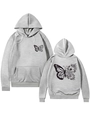 Detail of grey hoodie showing butterfly and flower print on front and back view - S / Light Gray