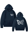 Détail du sweat à capuche bleu marine avec imprimés papillon et fleurs blancs au dos - Bleu Marine