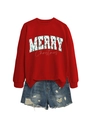 Flat lay of red Merry Christmas sweatshirt with tree patterns and distressed denim shorts - Red Sweatshirt And Shorts