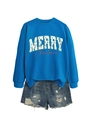 Blue Christmas sweatshirt with Merry Christmas print and distressed denim shorts set - Lake Blue Sweatshirt And Shorts