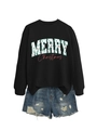 Flat lay of a black Merry Christmas sweatshirt with holiday tree print and denim shorts - Black Sweatshirt And Shorts