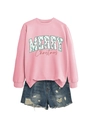 Pink Merry Christmas sweatshirt with festive tree graphic and blue ripped denim shorts - Pink Sweatshirt And Shorts