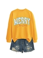 Detail of yellow crewneck Christmas sweatshirt with Merry Christmas print and denim shorts - Yellow Sweatshirt And Shorts