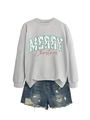 Detail of grey Merry Christmas sweatshirt featuring festive tree patterns and round neck - Gray Sweatshirt And Shorts