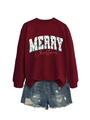 Detail of red Merry Christmas sweatshirt with tree print and distressed denim shorts - Wine Red Sweatshirt And Shorts