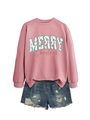Flat lay of pink Merry Christmas sweatshirt paired with distressed denim shorts set - Rose Gold Sweatshirt And Shorts