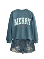 Detailed flat lay of a blue Christmas sweatshirt with Merry Christmas tree graphic print - Blue Sweatshirt And Shorts