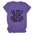 Detailed flat lay of purple crew neck T-shirt featuring bold white sarcastic slogan print - S / Purple (Black Text)