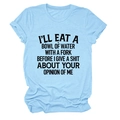 Detail of light blue crew neck T-shirt featuring bold black slogan print with soft fabric folds - S / Light Blue (Black Text)