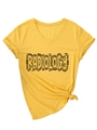 Detail of yellow V-neck T-shirt with radiology print and trendy knotted hem style - S / Yellow (Black Font)