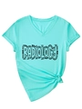 Detail of mint green V-neck T-shirt with black Radiology print and knotted hem design - S / Mint Green (Black Font)