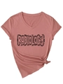 Detail of dusty rose V-neck T-shirt with radiology print and side knot design - Dusty Rose (Black Font)