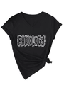 Detail of radiology letter print and casual knot hem on black V-neck short sleeve T-shirt - Black (White Font)
