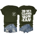 Front and back view of dark green Taekwondo Mom Era graphic T-shirt with denim shorts - Army Green (White Font)