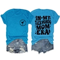 Detailed flat lay of blue Taekwondo Mom Era T-shirt and distressed denim shorts set - Lake Blue (Black Font)