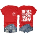 Detail of red Taekwondo Mom Era T-shirt back print with distressed denim shorts - Red (White Font)