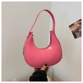 Detail view of pink crescent underarm bag in smooth PU leather with metal buckle - Rose Pink