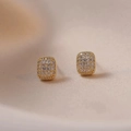 Elegant gold square stud earrings with pave-set clear zircon on champagne silk fabric - Golden Geometric Square Pave Style (E0493)