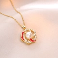 Collana vintage di perle a fiore con smalto rosso e zirconi su raso champagne - Stile pendente a fiore rosso (X0490) / Oro