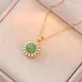 Elegant rotating necklace featuring green stone pendant with sparkling zircon halo - Gold Emerald Rotating Style (X0643)