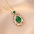Elegant gold necklace featuring an emerald-green oval pendant with sparkling zircon accents - X0716 Emerald Waterdrop Style