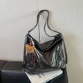 Large capacity black retro tote backpack with soft leather texture and bear charm - Black (With Charm)