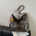 Large dark brown vintage faux leather tote bag with dual diagonal zipper pockets - Coffee (With Pendant)