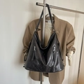 Retro black large capacity hobo shoulder bag with glossy leather texture and metal zippers - Black