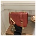 Detail of dark red woven texture bag with gold chain strap held by model in home setting - Red