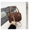 Borsa a mano bowling vintage in velluto a coste marrone con manici in pelle e charm - Caffè con Ciondolo