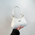 Minimalist white underarm bag with smooth faux leather finish and gold metal bar detail - White