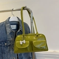 Retro grass green patent leather bowling bag with twin front pockets and bow detail - Green