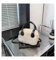 Beige frosted matte bowling handbag with embossed letters and black shoulder strap - White