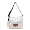 Borsa tote in tela bianca capiente con ricamo C colorato e tracolla nera regolabile - Bianco Sporco