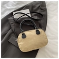 Borsa bowling retrò in camoscio beige crema con manici in pelle nera e fibbie argento - Senza Ciondolo / Cachi