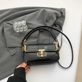 Bolso cuadrado pequeño negro con estampado de cocodrilo y herrajes dorados elegantes - Negro