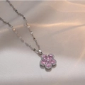 Pink heart-shaped zircon flower pendant necklace in polished silver-tone steel finish - Pink Zircon Necklace (X1707)